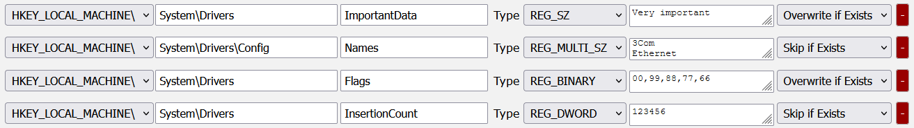 Screenshot of example registry settings in CAB Maker